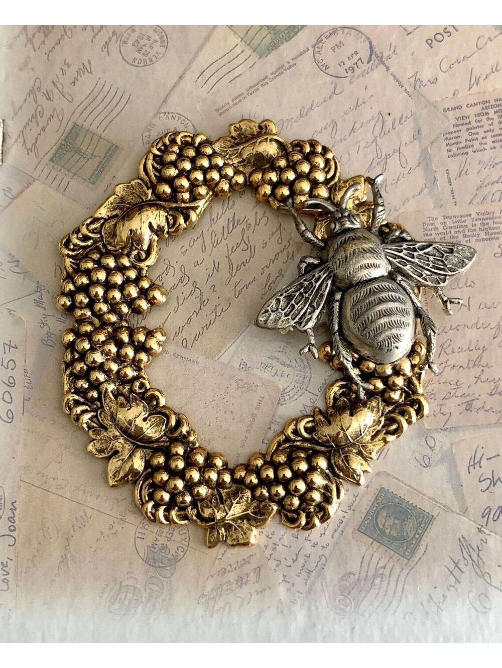 Charming Gold-Tone Bee & Grapes Brooch Pin - Nature Inspired